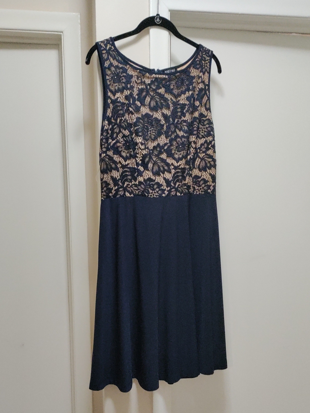 Roz & Ali Navy Dress with Beige Lace Overlay